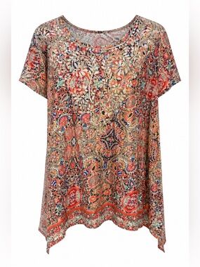 Love Kyla - Boho Flowy Silk Paisley Hand-Embroidered Short-Sleeve Tunic Top